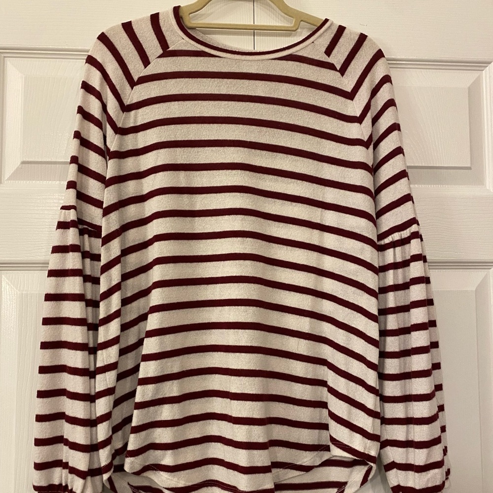 Red and White Striped Sweater. Puffy sleeves